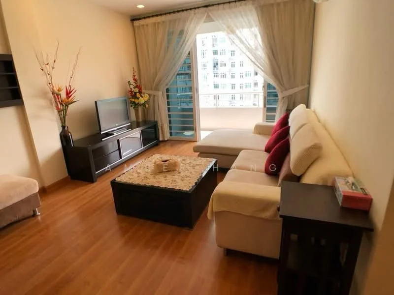 Living features: light brown laminate flooring, cream painted walls, floor-to-ceiling windows, sheer curtains, L-shape sectional sofa in cream, red accent pillows, wood coffee table, black TV console, flat-screen TV, decorative plant arrangement, area rug, wall-mounted shelf; style: modern; view: city.