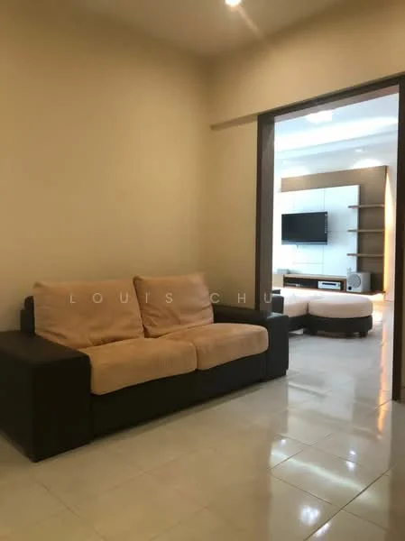 Living features: beige fabric sofa, cream wall paint, glossy tile flooring, wall-mounted TV, TV console, built-in shelving unit, recessed ceiling lights, neutral color scheme; style: modern.