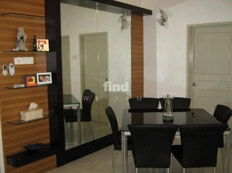 Dining features: black dining table, 4 black upholstered dining chairs, wooden feature wall with horizontal panels, large mirror on wall, decorative wall shelves, framed artwork, ceramic vase, light fixtures on wall, cream painted walls, tile flooring; style: modern.