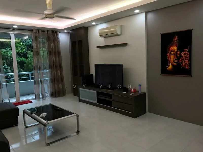 Living features: 3-seater black leather sofa, glass coffee table, wall-mounted TV, TV console with storage, decorative wall art with Buddha motif, floor-to-ceiling windows, sheer curtains, recessed LED downlights, ceiling fan, air conditioning unit, white tiled flooring, grey accent wall, open balcony view; style: modern; view: garden.
