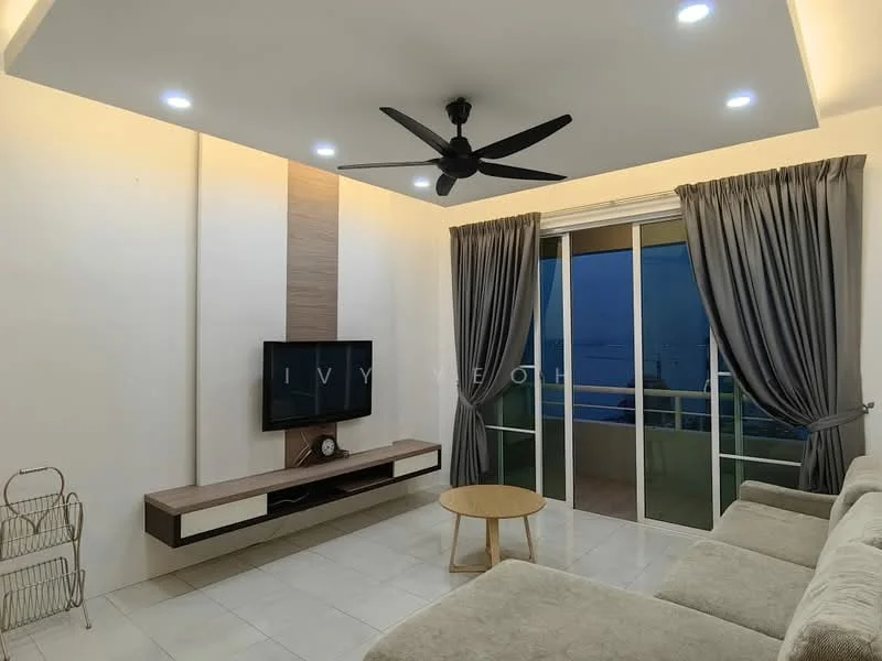 Living features: light grey fabric sofa, wooden coffee table, wall-mounted TV, floating TV console with drawers, 5-blade ceiling fan with light, floor-to-ceiling windows, sheer curtains, recessed downlights, cream painted walls, tile flooring; style: modern; view: sea.