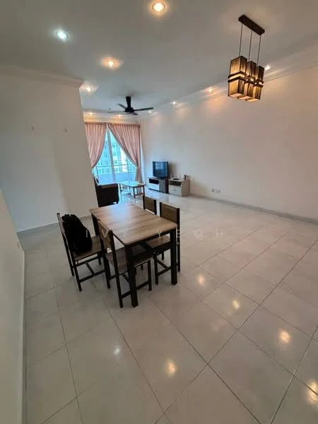 Living features: white painted walls, glossy tile flooring, 5-blade ceiling fan with light, pendant light fixture, large windows with sheer curtains, TV console, wall-mounted TV, dining table with 6 chairs, decorative wall light, open layout, neutral color palette; style: modern; view: city.