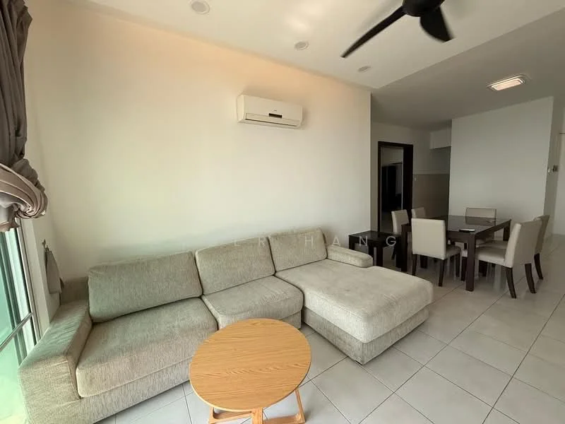 Living features: L-shape sectional sofa in light grey fabric, round wooden coffee table, wall-mounted split AC, white painted walls, recessed downlights, tile flooring, floor-to-ceiling windows, curtains in grey fabric, dining area visible in background; style: modern.