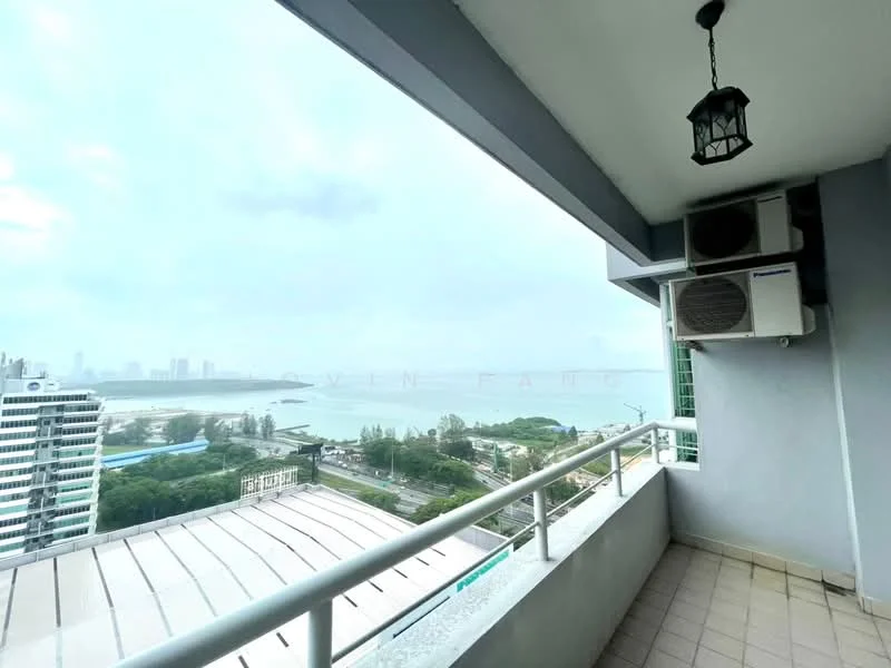 Room features: balcony, city skyline view, sea view, 2 wall-mounted split AC units, tiled flooring, metal railing, overhead lantern light; style: modern; view: sea.