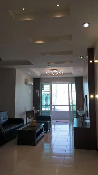 Living features: black leather sofa, coffee table, wall-mounted TV, entertainment unit, recessed downlights, chandelier, floor-to-ceiling windows, sliding glass door, cream painted walls, tile flooring, air conditioning unit; style: modern; view: city.