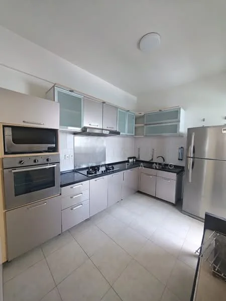 Kitchen features: stainless-steel fridge, built-in oven, freestanding range oven, 4-burner gas hob, black granite countertop, white cabinetry with glass-front upper cabinets, tile backsplash, ceramic tile flooring, recessed downlights; style: modern.