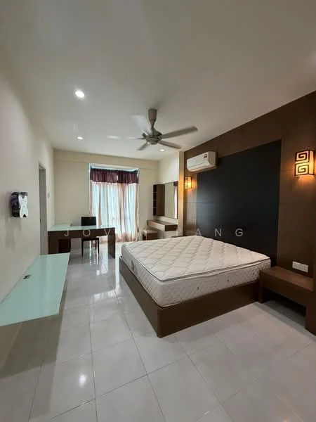 Bedroom features: queen-size bed, upholstered headboard, 2 bedside tables, ceiling fan, wall-mounted air conditioner, floor-to-ceiling window with sheer curtains, white painted walls, glossy tile flooring, study desk with glass top, built-in wardrobe, decorative wall sconce; style: modern.