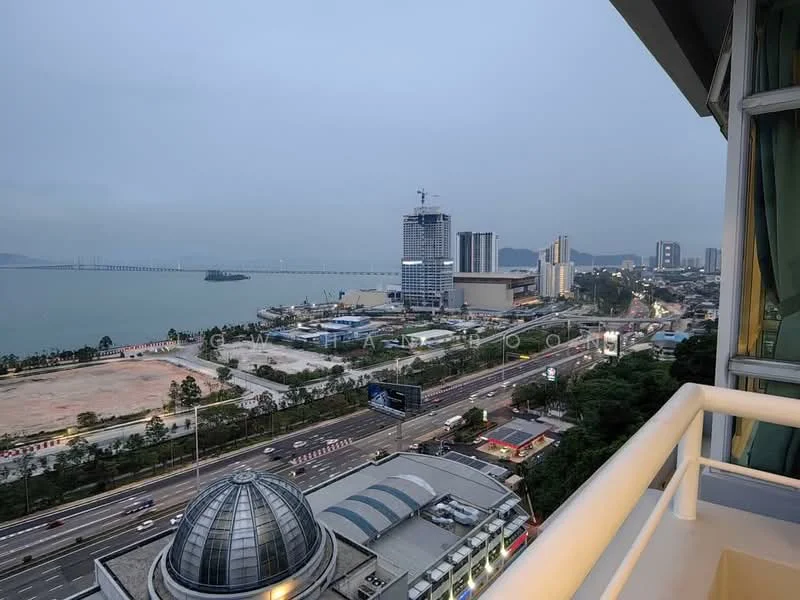 Exterior type: high-rise condominium; features: city skyline view, waterfront view, surrounding urban development, highway visible, mixed-use buildings, nearby construction site, coastal landscape; style: modern.