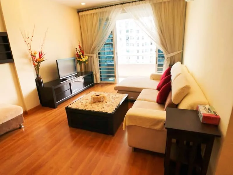 Living features: light wood flooring, cream painted walls, sofa with beige upholstery, red accent pillows, coffee table with decorative tray, TV console with flat-screen TV, decorative flower arrangement, floor-to-ceiling windows with sheer curtains, balcony access, wall-mounted shelf; style: modern; view: city.