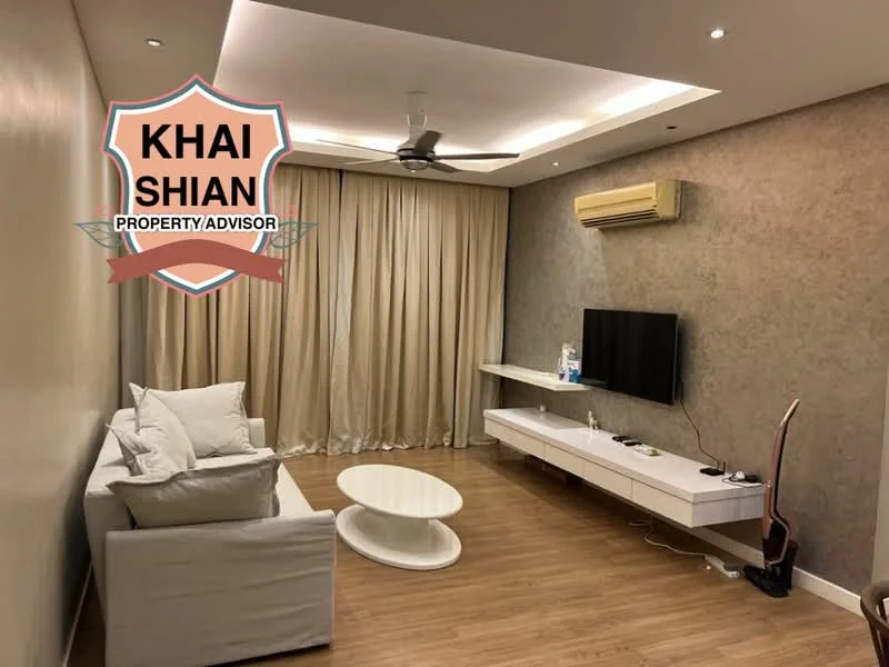 Living features: white fabric sofa, round coffee table, wall-mounted TV console, light wood flooring, recessed downlights, ceiling fan, air conditioning unit, floor-to-ceiling curtains, feature wall with textured finish; style: modern.