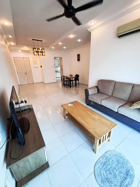 Living features: 3-seater fabric sofa in beige, wooden coffee table, TV console, wall-mounted TV, ceiling fan, recessed LED downlights, white painted walls, tile flooring, air conditioning unit, area rug with circular pattern, dining table with chairs visible in background; style: modern.