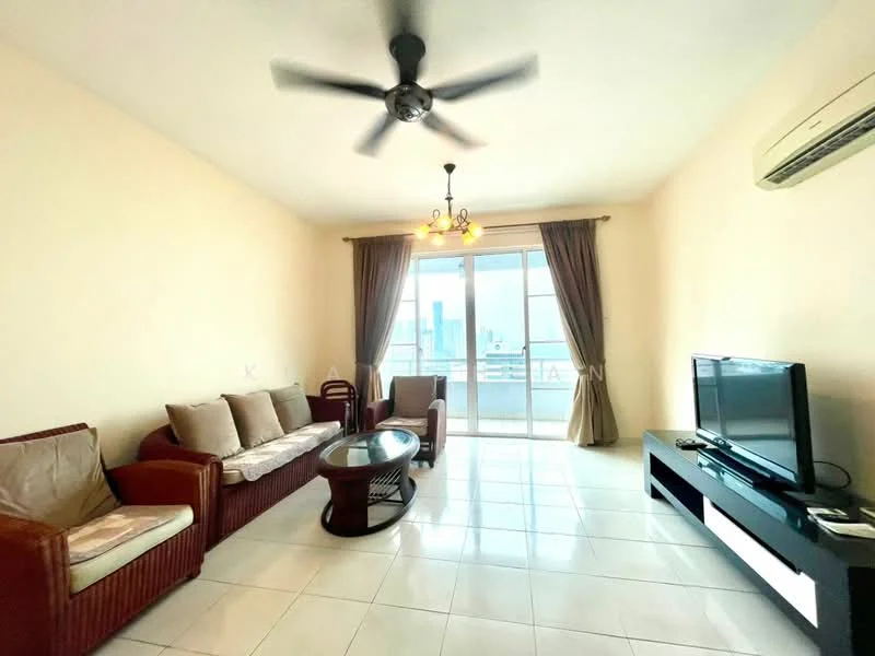 Living features: 3-seater fabric sofa in beige, 2-seater fabric sofa in beige, wooden coffee table, TV console in black, wall-mounted TV, ceiling fan with light, recessed downlights, floor-to-ceiling sliding glass door, curtains, white tiled flooring, cream painted walls, air conditioning unit; style: modern; view: city.