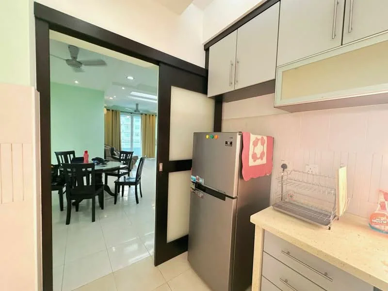 Kitchen features: stainless-steel fridge, granite countertop, grey cabinetry, white tiled backsplash, single-bowl stainless-steel sink, chrome pull-down faucet, wall-mounted split AC, recessed downlights, ceramic tile flooring; style: modern. Dining features: 4-seater dining table, black dining chairs, green accent wall, floor-to-ceiling windows, natural light, white walls; style: modern; view: city.