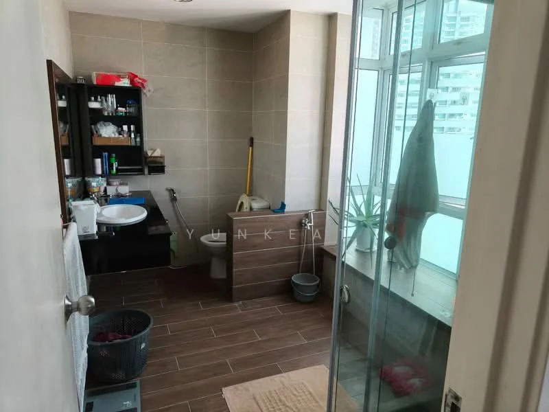 Bathroom features: single-sink vanity with wood cabinet, chrome basin mixer faucet, framed mirror, one-piece toilet, walk-in shower with glass enclosure, tile cladding on walls, wood-look tile flooring, window with sheer curtains, storage shelves, cleaning supplies visible, plant on windowsill; style: modern; view: city.