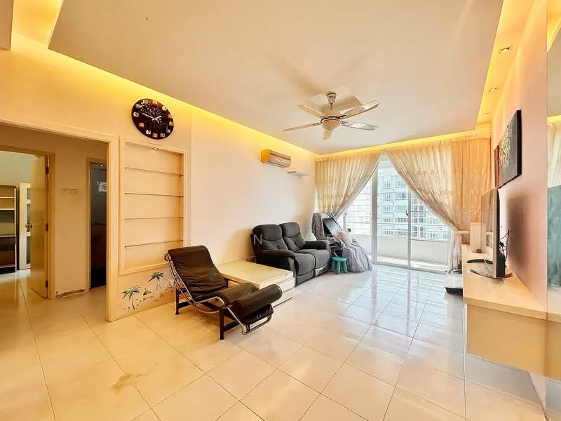 Living features: cream painted walls, white ceiling with recessed lighting, 5-blade ceiling fan with light, large sliding glass door, floor-to-ceiling windows, light-colored tiled flooring, black leather sofa, single lounge chair, TV console, decorative wall clock, sheer curtains, green accent chair; style: modern; view: city.
