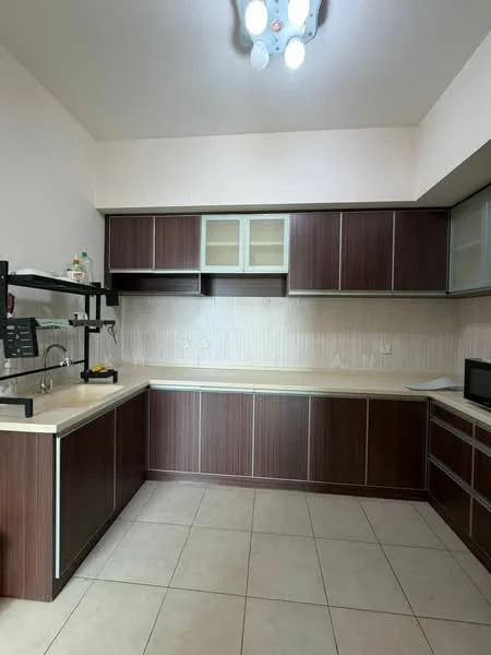 Kitchen features: brown wooden cabinetry, white countertop, stainless-steel sink, chrome faucet, built-in microwave, ceramic tile flooring, recessed ceiling lights, glass-front upper cabinets, tile backsplash, open shelving, kitchen island, wall-mounted shelving; style: modern.