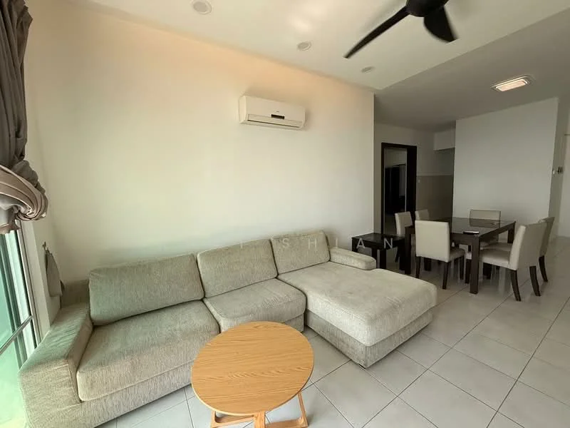Living features: L-shape sectional sofa in light grey fabric, wooden coffee table, wall-mounted split AC, recessed downlights, tile flooring, large window with sheer curtains, ceiling fan; style: modern. Dining features: 4-seater dining table, upholstered dining chairs, tile flooring; style: modern.