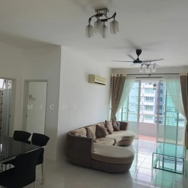 Living features: 3-seater curved sofa in beige, coffee table, floor-to-ceiling windows, sliding glass door, curtains, 5-blade ceiling fan with light, wall-mounted split AC, white painted walls, glossy tile flooring, decorative wall art; style: modern; view: city. Dining features: 4-seater dining table, black dining chairs, white walls, glossy tile flooring; style: modern.