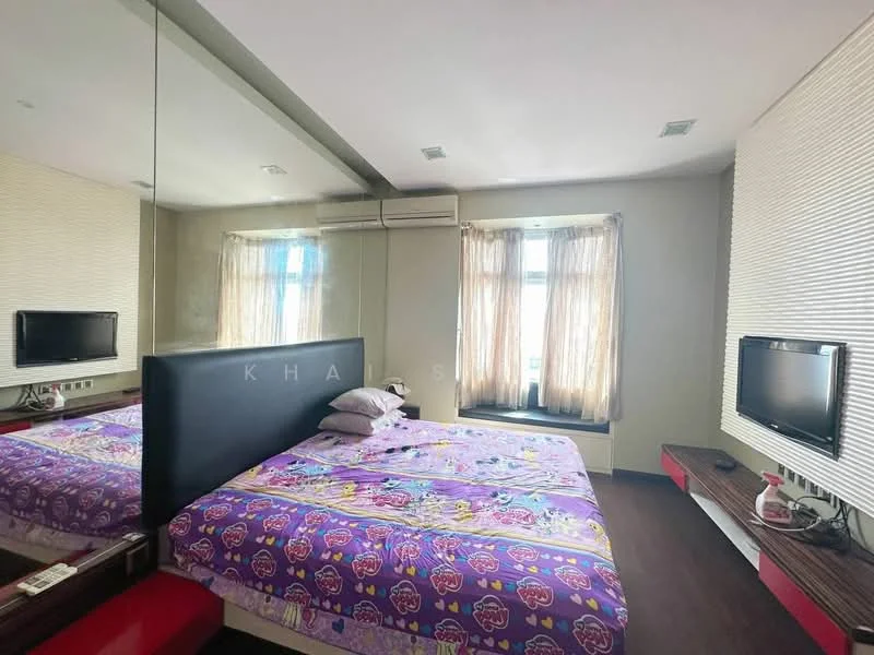 Bedroom features: king-size bed with upholstered headboard, purple patterned bedding, mirrored wall, wooden flooring, floor-to-ceiling windows, sheer curtains, wall-mounted TV, red console table, air conditioning unit, decorative pillows; style: modern.
