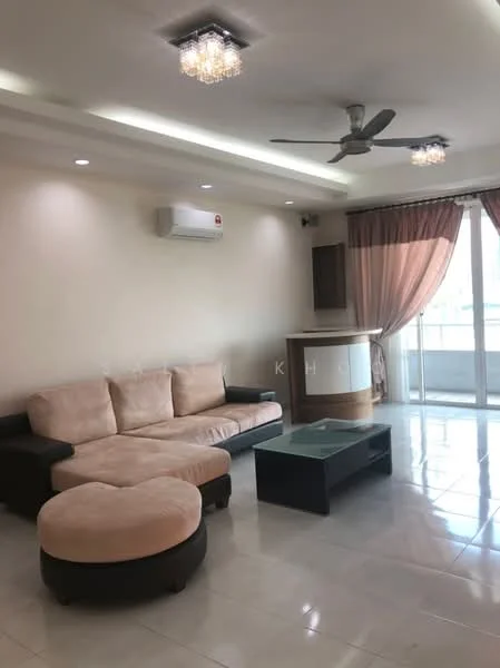 Living features: L-shape sectional sofa in beige and black, round ottoman in beige, glass coffee table, wall-mounted split AC, recessed downlights, ceiling fan, curtains in peach, white painted walls, glossy tile flooring, floor-to-ceiling sliding glass door; style: modern.