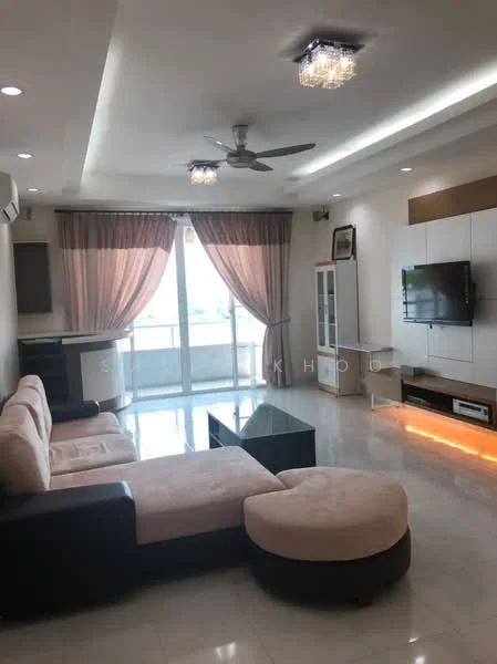 Living features: L-shape sectional sofa in beige, coffee table, wall-mounted TV, TV console with storage, floor-to-ceiling windows, curtains in light brown, ceiling fan with light, recessed downlights, polished tile flooring, decorative wall paneling, built-in shelving unit, lighted feature wall; style: modern; view: city.