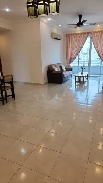Living features: cream painted walls, white ceiling, recessed downlights, 5-blade ceiling fan, large sliding glass door, sheer curtains, brown fabric sofa, wooden coffee table, tile flooring, dining table with chairs, decorative wall art; style: modern; view: city.