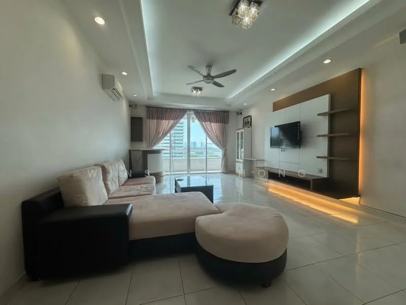 Living features: 3-seater fabric sofa in beige, ottoman with circular design, flat-screen wall-mounted TV, white painted walls, recessed downlights, ceiling fan, large windows with sheer curtains, tile flooring, built-in shelving unit, decorative wall panel with lighting; style: modern; view: city.