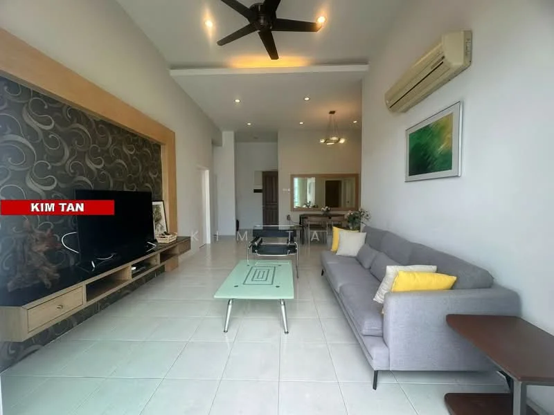 Living features: grey fabric sofa, coffee table with glass top, wall-mounted TV, TV console with storage, ceiling fan with light, recessed downlights, white painted walls, tile flooring, air conditioning unit, decorative wall with patterned wallpaper, artwork on wall, side table; style: modern.