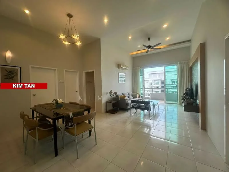 Living features: white painted walls, high ceiling with recessed downlights, 5-blade ceiling fan with light, large floor-to-ceiling windows, sliding glass door, cream tiled flooring, sofa in dark color, coffee table, TV console, dining table with four chairs, decorative wall art, curtains, air conditioning unit; style: modern; view: city.