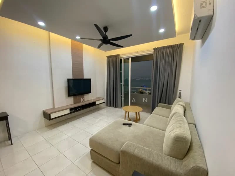 Living features: L-shape sectional sofa in beige, wall-mounted TV, TV console with storage, floor-to-ceiling windows, curtains in grey, recessed LED downlights, 5-blade ceiling fan with light, cream painted walls, white tiled flooring, air conditioning unit; style: modern; view: sea.