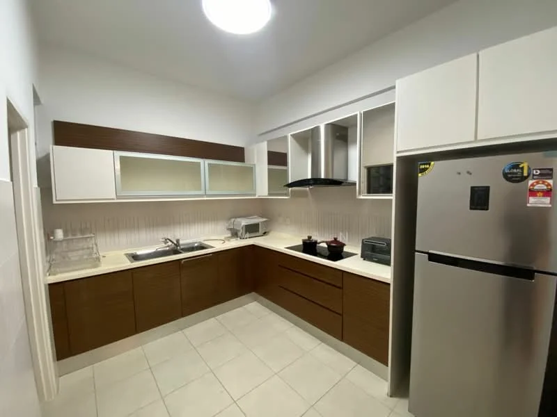 Kitchen features: brown wooden cabinetry, white upper cabinets, stainless-steel refrigerator, built-in microwave, stainless-steel range hood, single-bowl stainless-steel sink, chrome pull-down faucet, cream countertop, tile backsplash, ceramic tile flooring, recessed ceiling light; style: modern.