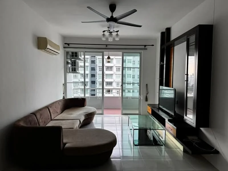 Living features: 3-seater fabric sofa in beige, coffee table with glass top, TV console, wall-mounted TV, floor-to-ceiling windows, sliding glass door, white painted walls, ceiling fan with light, air conditioning unit, tile flooring; style: modern; view: city.