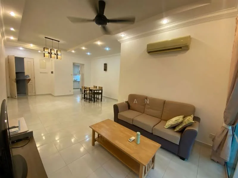 Living features: 3-seater fabric sofa in beige, wooden coffee table, wall-mounted TV, ceiling fan with light, recessed downlights, cream painted walls, tile flooring, air conditioning unit, dining table with 4 chairs, curtains, open layout to kitchen; style: modern.