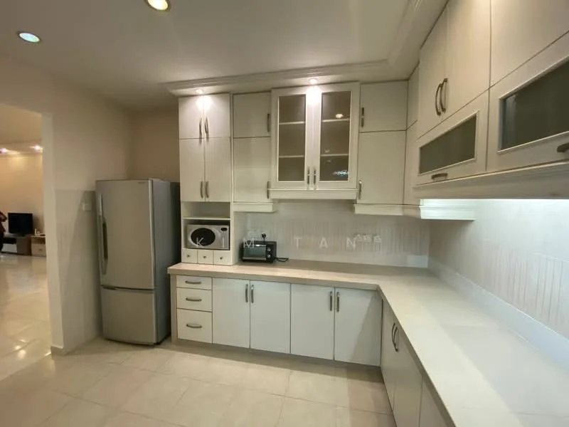 Kitchen features: white cabinetry with glass-front upper cabinets, stainless-steel fridge, built-in microwave, ceramic tile backsplash, white countertop, single-bowl stainless-steel sink, chrome pull-down faucet, recessed downlights, cream painted walls, tile flooring, open shelving, kitchen island, built-in oven; style: modern.