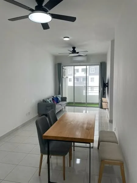 Living features: white painted walls, glossy ceramic tile flooring, 5-blade ceiling fan with integrated LED light, 5-blade ceiling fan with light, sofa in grey fabric, wooden dining table, 4 dining chairs, bench seating, wall-mounted TV, floor-to-ceiling windows, curtains, greenery view from balcony; style: modern; view: garden.
