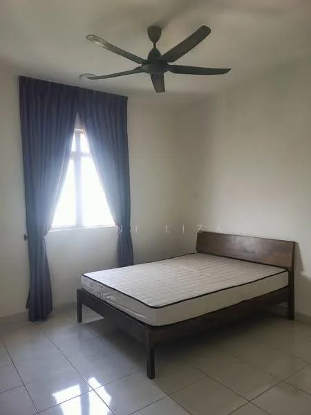 Bedroom features: single bed frame, mattress, 5-blade ceiling fan, floor-to-ceiling window, sheer curtains, white painted walls, glossy tile flooring.