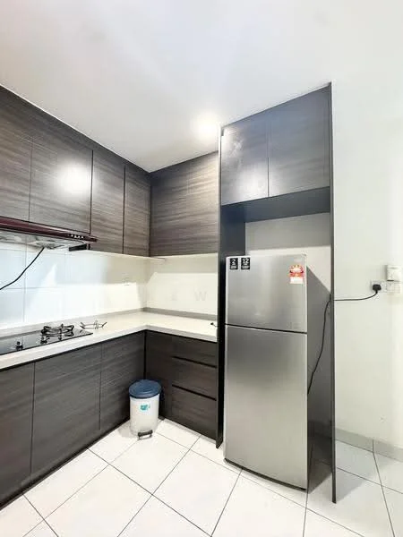 Kitchen features: dark wood cabinetry, white quartz countertop, stainless-steel fridge, 4-burner gas hob, exhaust hood, white tiled backsplash, white tiled flooring, single-bowl stainless-steel sink, built-in storage cabinets, under-cabinet lighting; style: modern.