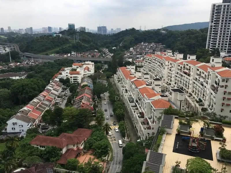 Exterior type: mid-rise condominium; features: surrounded by mature greenery, urban landscape view, multiple buildings with red-tiled roofs, playground visible in the foreground, roadway with vehicles, hills in the background, city skyline in the distance; style: modern.