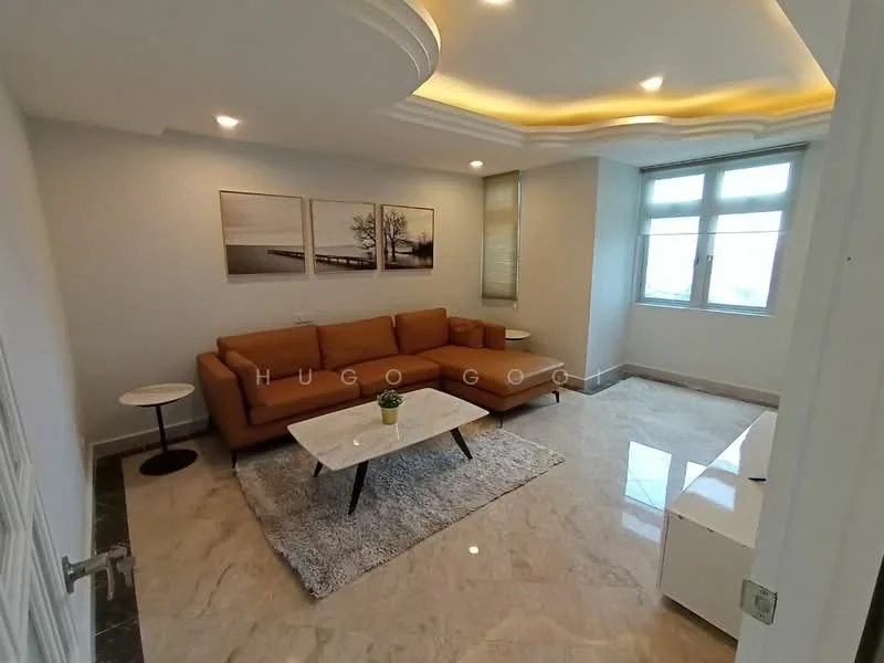 Living features: 3-seater fabric sofa in brown, coffee table with white surface, area rug with geometric pattern, marble tile flooring, recessed downlights, decorative wall art, floor-to-ceiling windows, curtains, wall-mounted TV console, white TV cabinet; style: modern.
