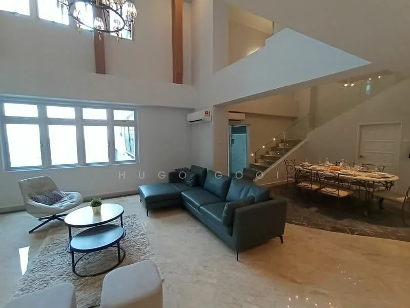 Living features: 3-seater leather sofa in dark grey, round coffee table with black metal base, area rug with cream color, chandelier with multiple bulbs, floor-to-ceiling windows, white painted walls, marble flooring, wall-mounted split AC; style: modern. Dining features: 6-seater dining table with white tablecloth, upholstered dining chairs, decorative centerpiece on table, white painted walls, marble flooring; style: modern.