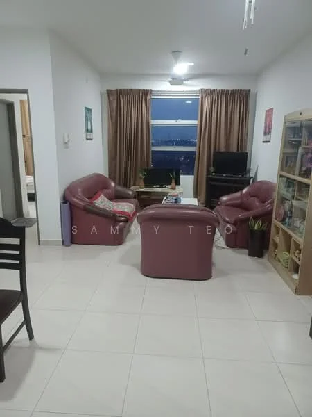 Living features: two burgundy leather armchairs, one matching burgundy leather sofa, coffee table, TV console, wall-mounted TV, large window with city view, sheer curtains, recessed ceiling lights, cream tiled flooring, decorative wall art, potted plants; style: modern; view: city. Room features: open layout, white painted walls.
