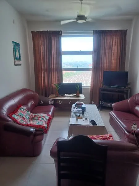 Living features: 2-seater leather sofa in burgundy, 3-seater leather sofa in burgundy, coffee table, wall-mounted TV, ceiling fan, large window with city view, sheer curtains, tile flooring, decorative wall art, area rug; style: contemporary; view: city.