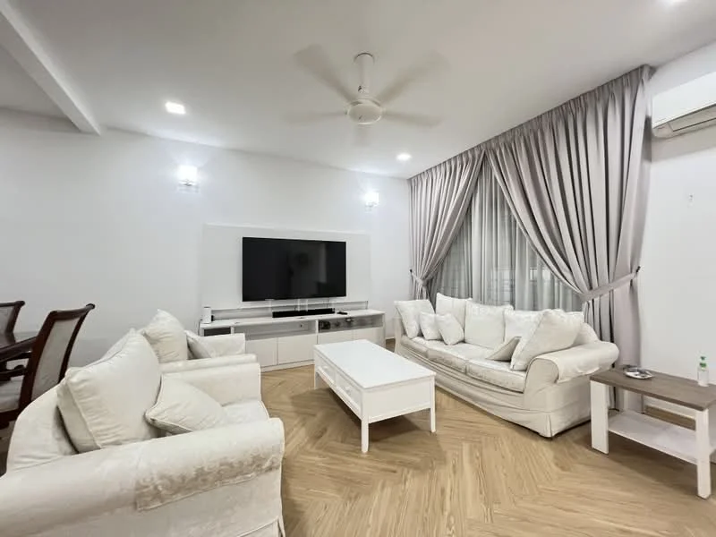 Living features: 3-seater fabric sofa in white, 2-seater fabric sofa in white, coffee table in white, TV console in white, wall-mounted TV, curtains in light grey, ceiling fan, wooden flooring, recessed downlights, decorative wall sconces; style: modern.