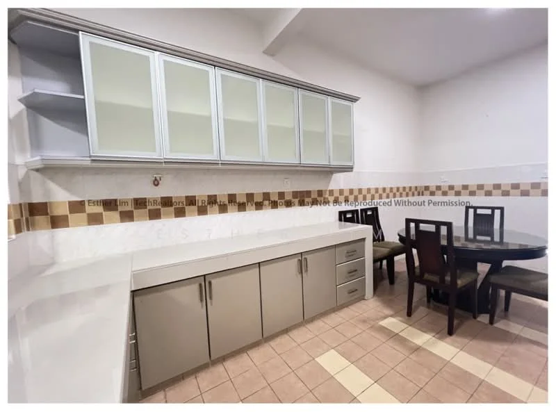 Kitchen features: light grey cabinetry with glass-front upper cabinets, white countertop, tile backsplash with beige and brown checkered pattern, round dining table, 4 dining chairs with upholstered seats, cream tiled flooring, built-in storage drawers, wall-mounted shelving; style: modern.