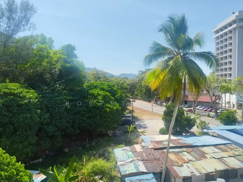 Exterior features: tropical landscaping, mature trees, paved road, metal roofing on nearby structures, parking lot visible, surrounded by greenery.