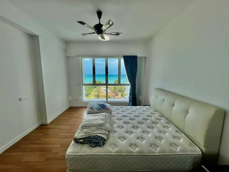 Bedroom features: king-size bed, upholstered headboard, wooden flooring, floor-to-ceiling windows, blue curtains, ceiling fan with light, view of the sea, white painted walls; style: modern; view: sea.