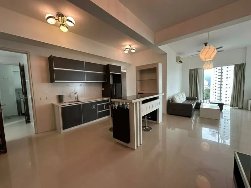 Kitchen features: black cabinetry, white countertop, stainless-steel sink, chrome pull-down faucet, built-in fridge, freestanding range oven, open shelving, pendant lighting; style: modern; view: city. Living features: 3-seater fabric sofa in grey, coffee table, TV console, wall-mounted TV, area rug, floor-to-ceiling windows, curtains, recessed downlights; style: modern; view: city.
