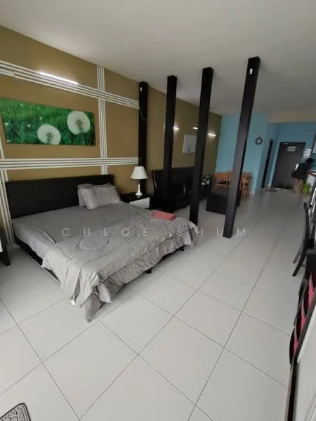 Bedroom features: queen-size bed with grey bedding, two black bedside tables, white lamp on bedside table, decorative wall art with dandelions, accent wall in beige with white stripes, light blue wall, white tiled flooring, built-in wardrobe, open space leading to hallway; style: modern.