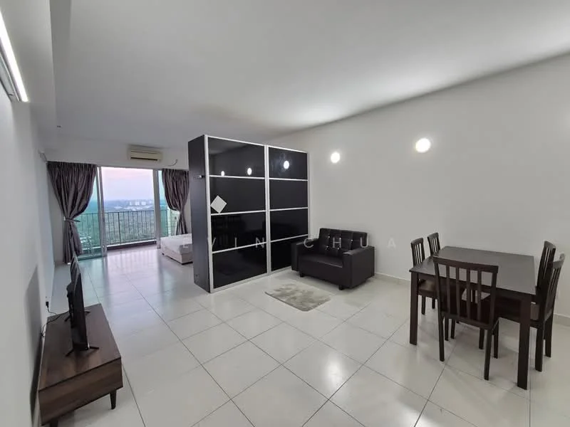 Living features: white painted walls, tile flooring, 5-blade ceiling fan with light, sofa in dark brown, coffee table, TV console, wall-mounted TV, dining table with 4 chairs, floor-to-ceiling windows with sheer curtains, curtains in dark brown, air conditioning unit; style: modern; view: city. Bedroom features: white painted walls, tile flooring, queen-size bed, built-in wardrobe with sliding doors, floor-to-ceiling windows with sheer curtains, curtains in dark brown; style: modern; view: city.