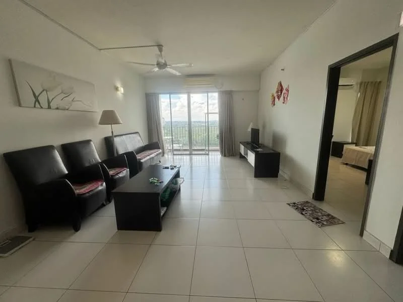 Living features: 3-seater black leather sofa, coffee table, wall-mounted TV, floor-to-ceiling sliding glass door, white painted walls, tile flooring, ceiling fan, decorative wall art, area rug, lamp on side table; style: modern; view: city. Room features: white painted walls, tile flooring, curtains, bed visible in background.